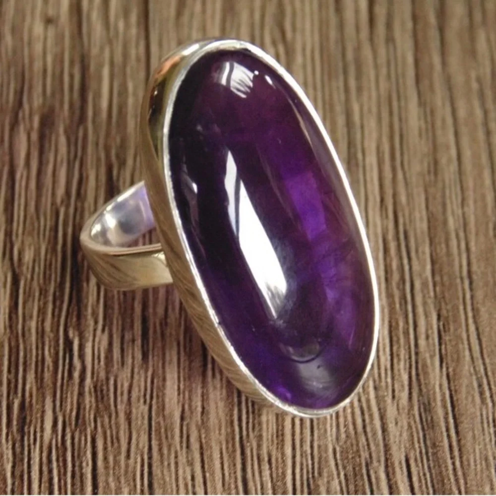 New Sterling Silver Long Oval Purple Amethyst Oblong Artisan Handmade Ring